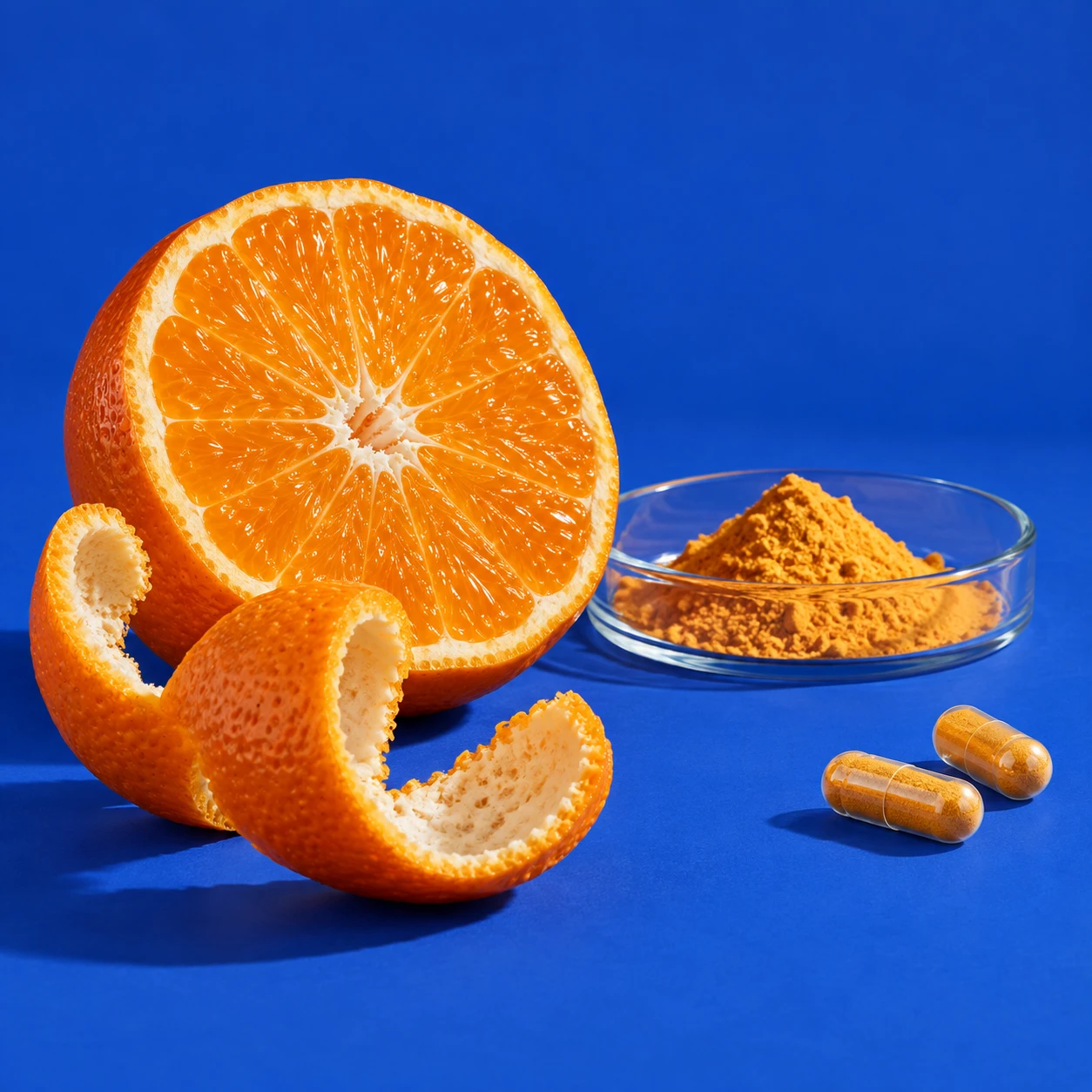 Illustrative generated still life of citrus peel, botanical powder and capsules; not actual Tait Labs materials or products